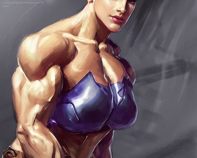 Image similar to portrait of moira from overwatch as a beautiful female bodybuilder amazon with plump lips, elegant, fantasy, hd shot, digital portrait, beautiful, artstation, comic style, by artgerm, guy denning, jakub rozalski, magali villeneuve and charlie bowater