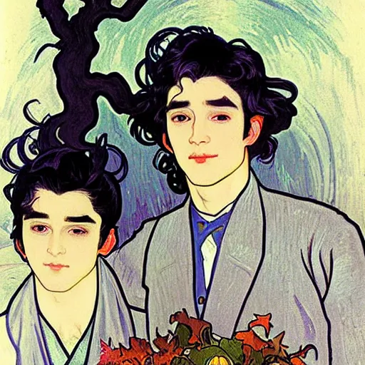 Image similar to painting of young cute handsome beautiful dark medium wavy hair man in his 2 0 s named shadow taehyung and cute handsome beautiful min - jun together at the halloween! party, bubbling cauldron!, candles!, smoke, autumn! colors, elegant, wearing suits!, delicate facial features, art by alphonse mucha, vincent van gogh, egon schiele