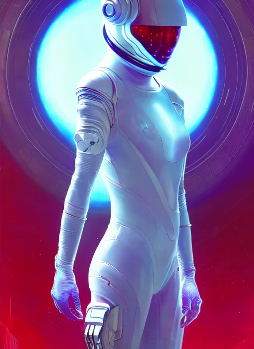 Prompt: a futuristic cyber astronaut, sci fi, glowing aura, volumetric lights, red and cyan theme, art nouveau alien botanicals, intricate, highly detailed, digital painting, artstation, concept art, smooth, sharp focus, cinematic, illustration, beautiful face, art by artgerm and greg rutkowski and alphonse mucha, white background