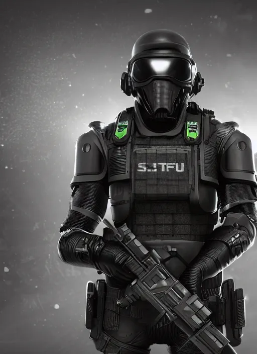 Image similar to futuristic swat team, full armor, full body, full face mask, futuristic weapon, cyberpunk, unreal engine 5