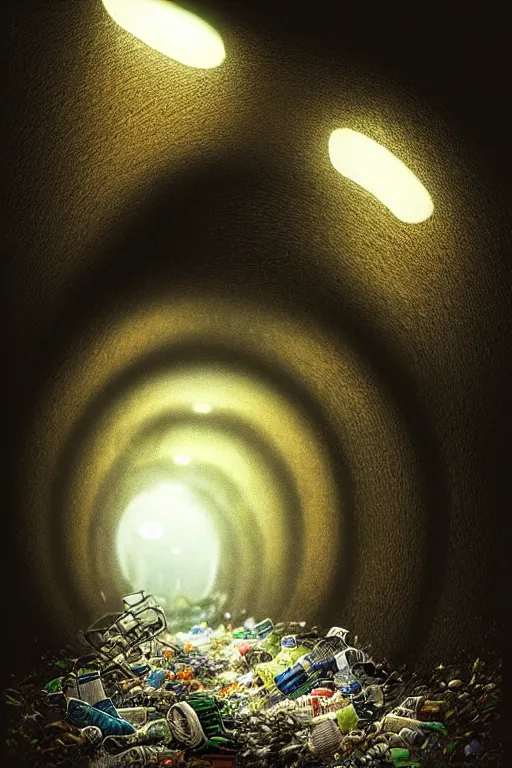 Image similar to , Tunnel made of trash, end of tunnel an image of a clean brightly lit room, realistic, intricate, gloomy, highly detailed, digital photograph, artstation, concept art, smooth, sharp focus, illustration, art by Ilja Repin