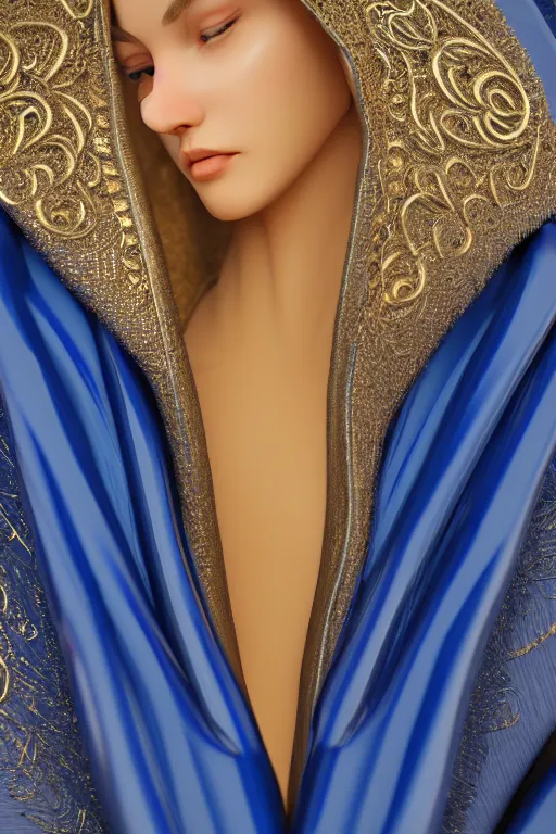 Prompt: detailed beautiful hooded noun in opened blue gold coat, seductive confident pose, attractive feminine curves, intricate details, futuristic, elegant cape, elegant, photorealism, trending on artstation, holy halo, advanced technology, art by moebius and vitaly bulgarov and chanthara