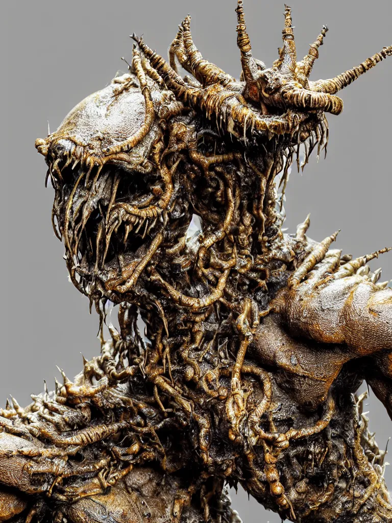 Image similar to photo taken of an epic intricate, ultra detailed, super realistic gritty, wet, slimy, lifelike sculpture of a nightmarish hellish insectoid creature created by weta workshop, menacing, some zoomed in shots, photorealistic, sharp focus, white wall coloured workshop, extremely cold blueish colour temperature, f 0. 4, full body shot, golden ratio