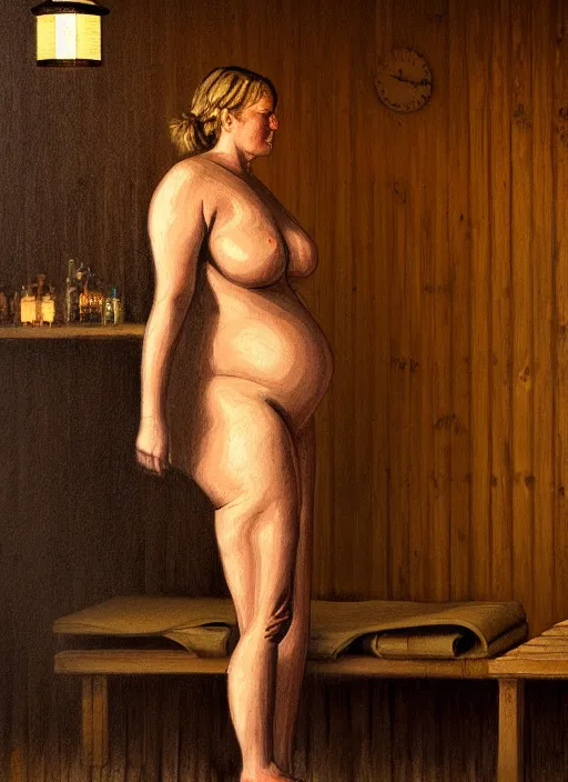 Prompt: giant woman in finnish sauna, backround dark, highly detailed, digital illustration, trending in artstation, modern painting, smooth, sharp focus, intricate, einar jonsson, ilya repin