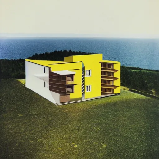 Prompt: architecture ad for a mid-century modern house in Gaspé, designed by Zaha Hadid. Aerial view. Film grain, cinematic, colorized, yellow hue.