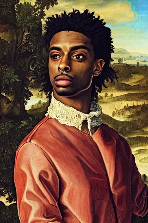 Image similar to a renaissance style portrait painting of playboi carti