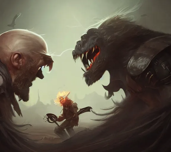 Image similar to gaunter o'dimm fighting with the unseen elder, artstation, cgsociety
