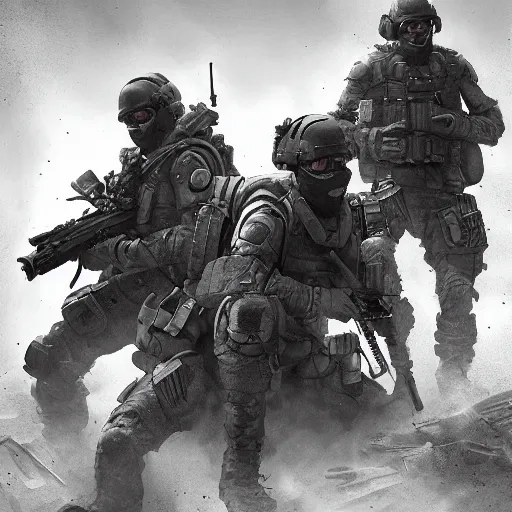 Image similar to Mercenary Special Forces in grey uniforms with black armored vests rescuing wounded comrades in 2020, by Cedric Peyravernay, highly detailed, excellent composition, cinematic concept art, dramatic lighting, trending on ArtStation