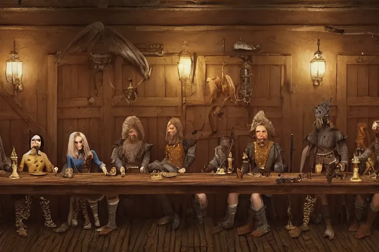 Image similar to A group of High Fantasy Creatures lined up for a portrait in a tavern, Screenshot of Wes Anderson's New RPG Movie, Photo realistic, Regal, Formal, Symmetrical, Satisfying, Dynamic lighting, Highly Detailed, Cinematic Lighting, 8k, HD