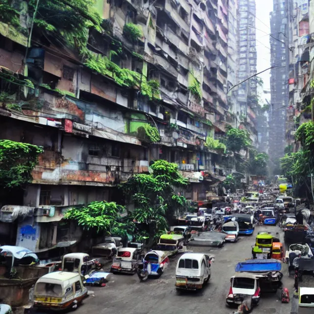 Image similar to streets of mumbai, 2 0 7 0, cyberpunk, mossy buildings, high fidelity, uncompressed png, indian caravans