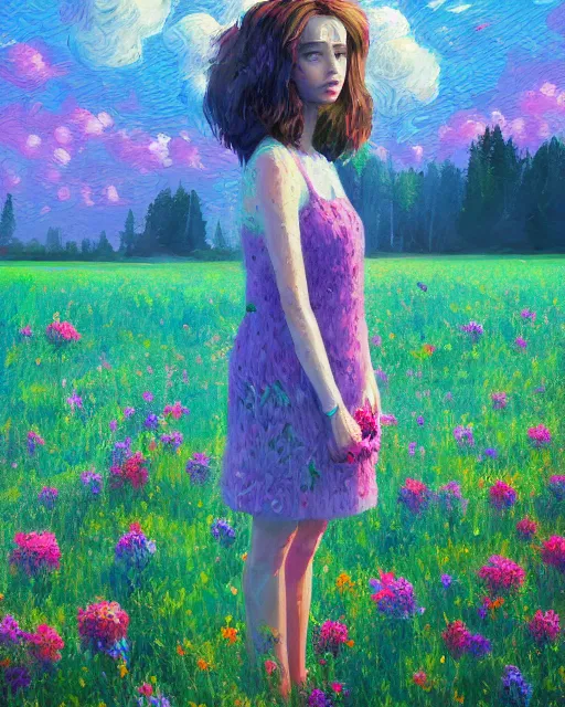 Image similar to girl with giant flower as a face and flower dress, standing in a flower field hills, big trees, sunrise dramatic light, impressionist painting, colorful clouds, digital painting, pointillism, artstation, simon stalenhag