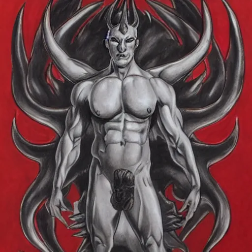 Image similar to full body drawing by Luke Starkie of a muscled horned Satan Devil, red flames in background