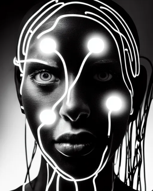 Image similar to black and white young cyborg - plant goddess high quality photo, microchip, artificial intelligence, bio - mechanical bio - luminescence, black wired cables, cinematic, rim light, photo - realistic, 8 k, in the style of steven meisel and dora maar and h. g. giger