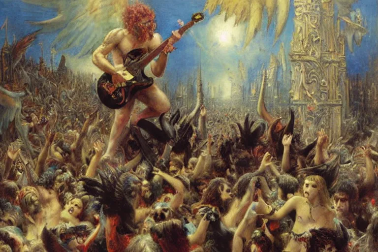 Image similar to punk rock paradise lost, lucifer playing guitar in pandemonium to a crowd of fallen angels. art by gaston bussiere.