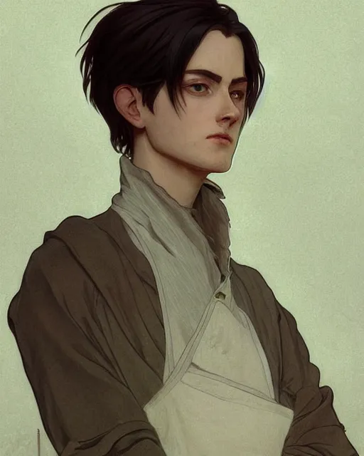 Image similar to cottagecore, man, Levi Ackerman, short hair, pointy nose, annoyed, wearing a maid outfit.elegant. highly detailed, digital painting, artstation, concept art, smooth, sharp, focus, illustration. art by artgerm and greg rutkowski alphonse mucha and Marat Safin