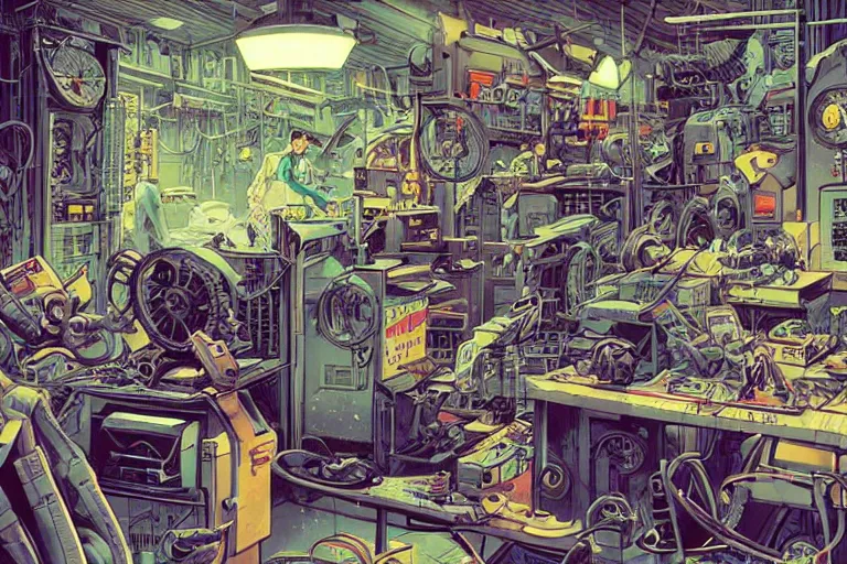 Prompt: an extremely cluttered machine repair shop in 2067, art by Josan Gonzales and Dan Hillier