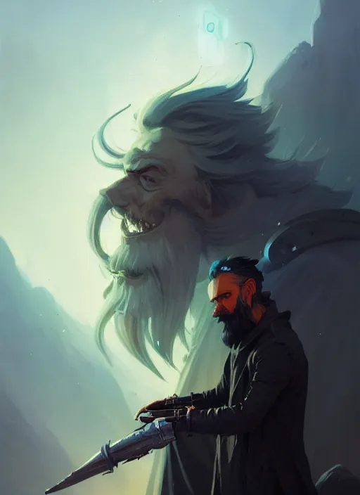 Image similar to low angle picture of a weapon master, holding a ego weapons to the camera, long black jacket, neat white beard and hair, bored, tired, smoking, ego weapons all over the place, squat down, intricate, masterpiece, epic fantasy illustrations by peter mohrbacher and anato finnstark and jeremy lipking