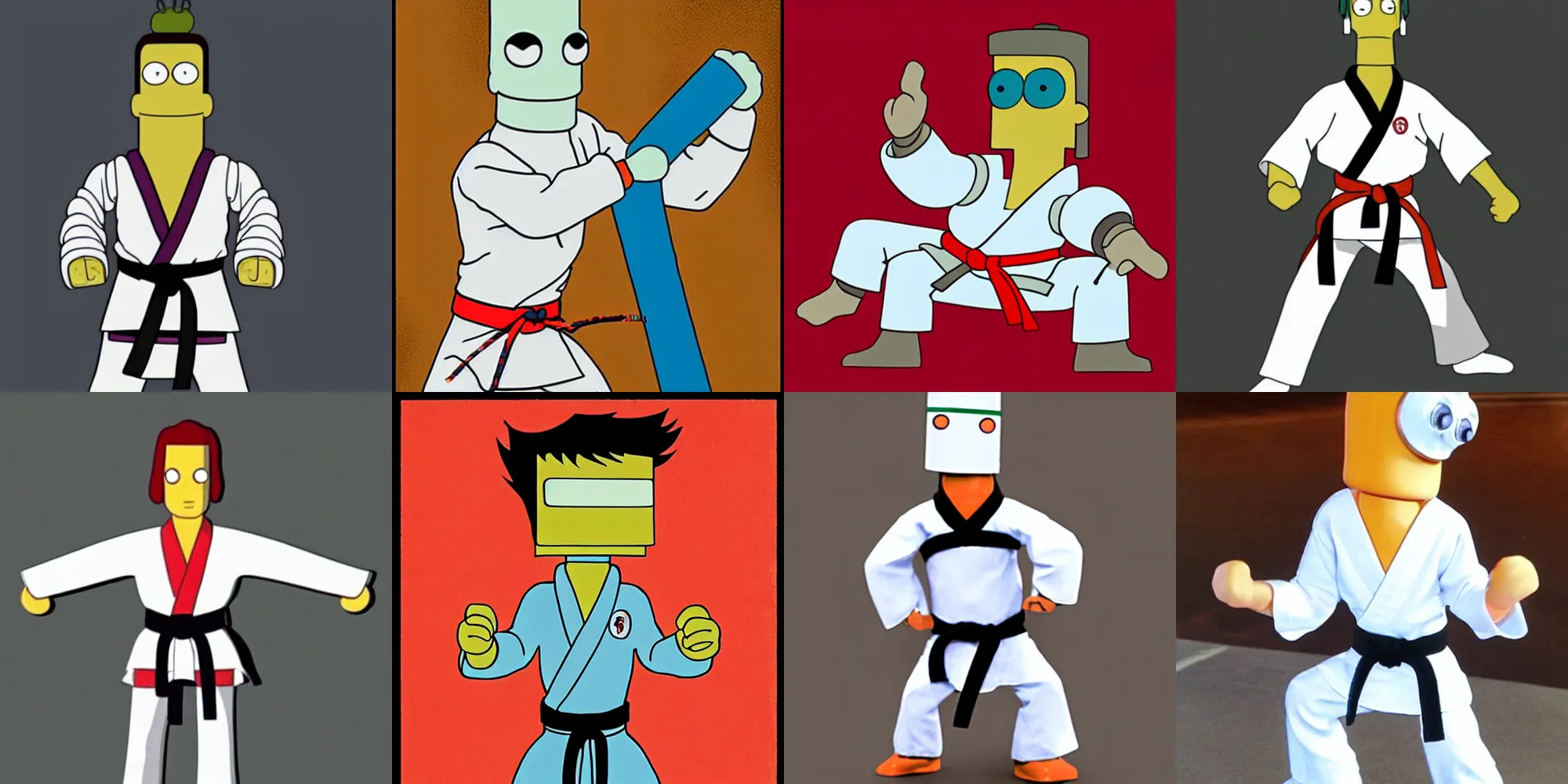 Prompt: Bender from Futurama wearing a karate gi