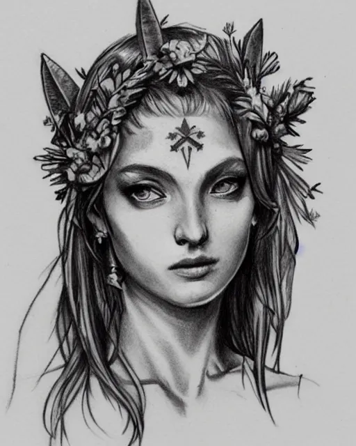 Image similar to realism tattoo sketch of a beautiful greek goddess aphrodite wearing a laurel wreath and arrowhead earrings, in the style of greg rutkowski, amazing detail