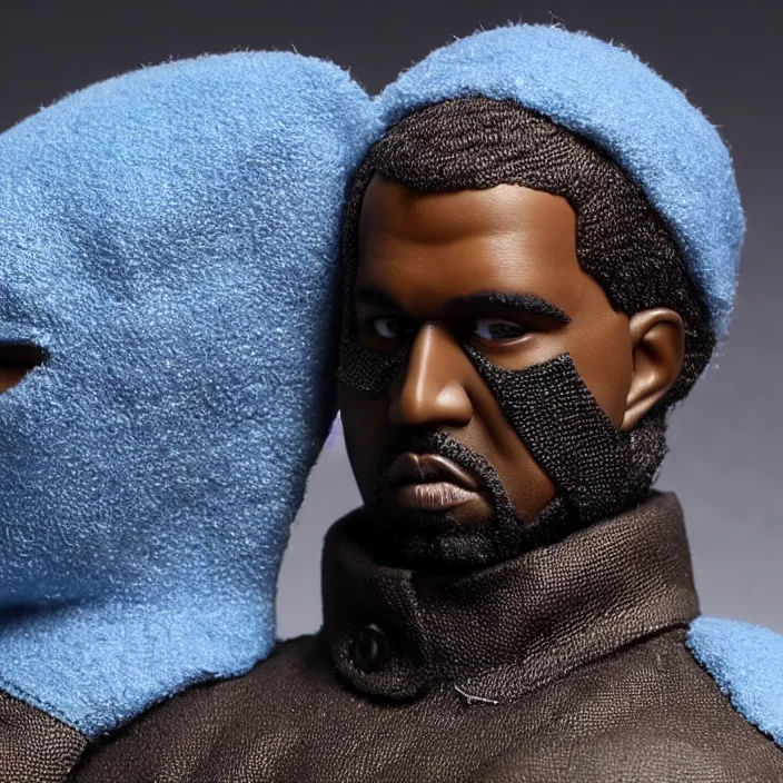 Image similar to kanye west, a hot toys figure of kanye west using a black face - covering mask with small holes, a blue overinflated puffer jacket and black rubber boots, figurine, detailed product photo