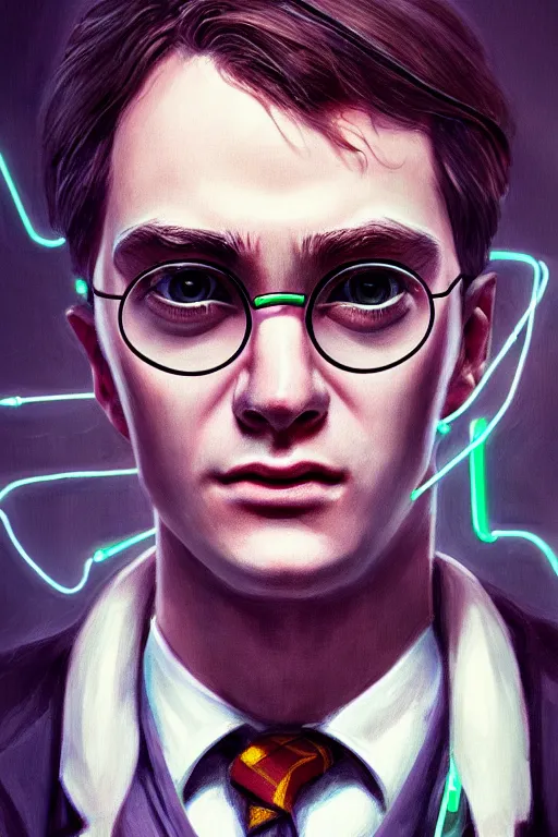 Image similar to Portrait of a harry potter with a cybernetic implanted eye, elegant, photorealistic, highly detailed, artstation, smooth, sharp focus, cyberpunk ornaments, neon lighting, sci-fi, art by Klimt