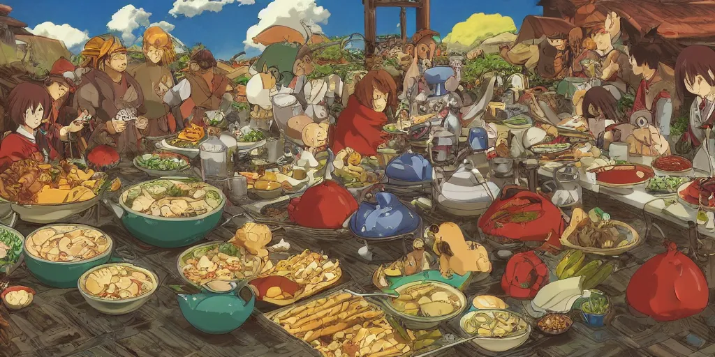 Image similar to A feast for the whole kingdom, very detailed, anime, Delicious, Plump, Juicy, Hot Food, large white border, hd, high resolution print :1 by Hayao Miyazaki, Nausicaa, studio Ghibli style, Anime wallpaper, cell shading, trending on deviant art :1