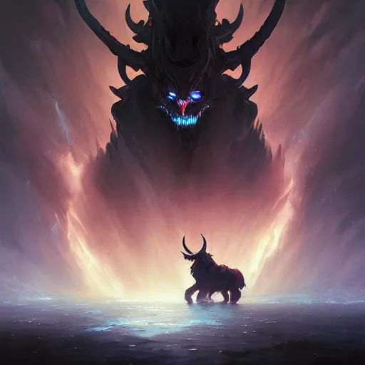 Prompt: demonic dark smiling creature with blue eyes and horns full blacked made by ivan aivazovsky, peter mohrbacher, greg rutkowski volumetric light effect broad light oil painting painting fantasy art style sci - fi art style realism premium prints available artwork unreal engine