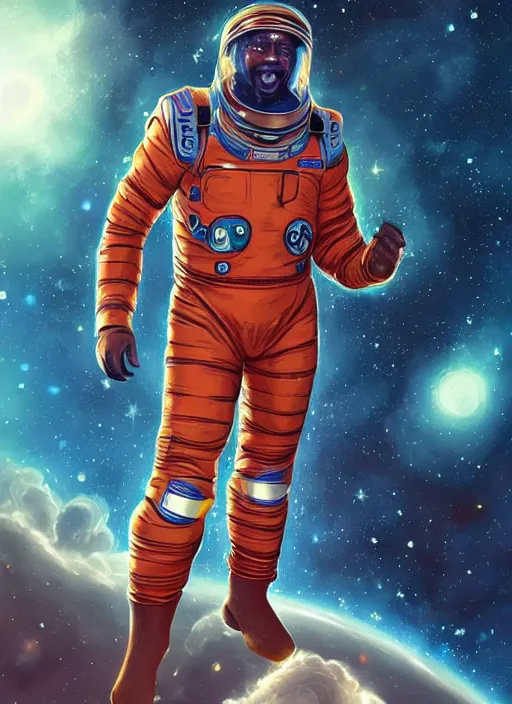 Prompt: handsome african-american man in an advanced spacesuit floating in front of exploding nebulae, digital illustration trending on artstation by artgerm and rutkowski