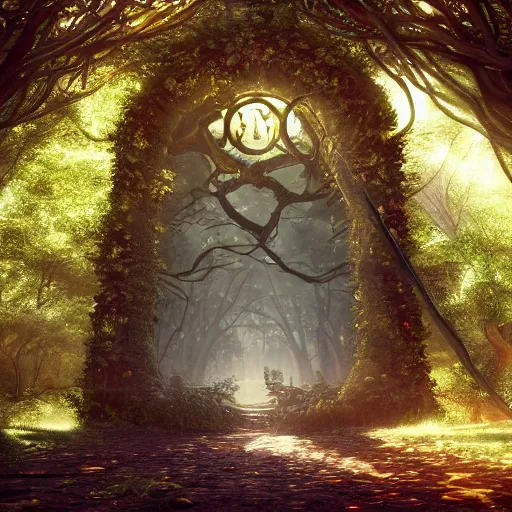 Image similar to a mirrored portrait of a legendary samurai in a mystical overgrown haunted ancient crypt with a gateway to hell in a beautiful forest rays of light 4k digital art unreal engine trending on artstation