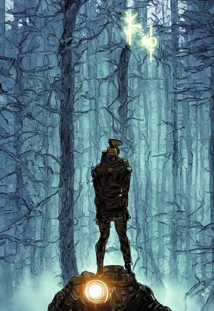 Prompt: A modern comic book cover of an android soldier wearing a trench coat and high tech glowing boots, with back to the camera, in a forest made of crystal, looking up at a crystal temple with a tower glowing in the fog