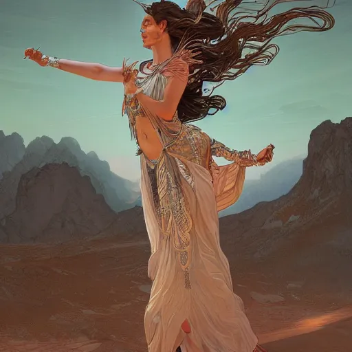 Prompt: a goddess dancing in the desert, symmetrical face, fantasy, intricate and very beautiful and elegant, highly detailed, digital painting, artstation, concept art, smooth and sharp focus, illustration, art by tan zi and ayanamikodon and alphonse mucha and wlop