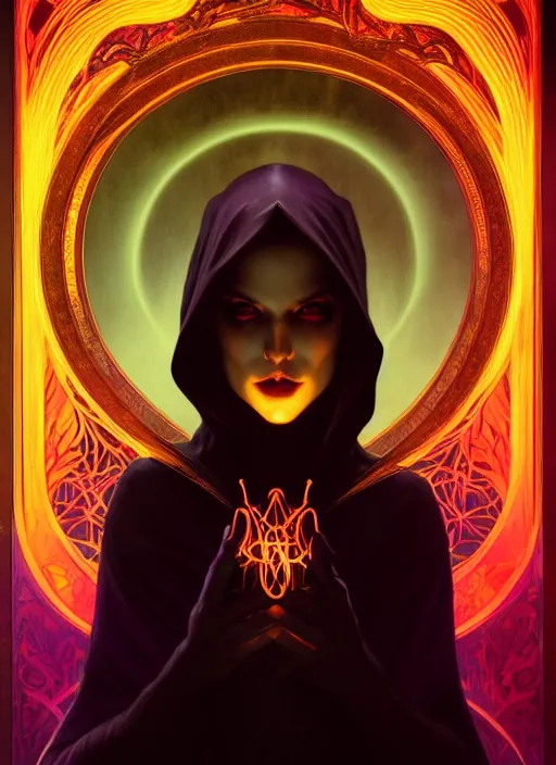 Image similar to book cover, front portrait, dark witch with black hood and evil eyes, realism, soft, smooth, luminescent, art nouveau tarot, backlit glow, colorful swirly ripples, gaudy colors, aesthetic octane render, unreal engine, 8 k, by artgerm, greg rutkowski, alphonse mucha