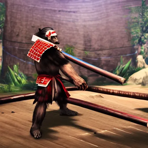 Prompt: a videogame still of an Ape Samurai fighting game, 40mm lens, shallow depth of field, split lighting