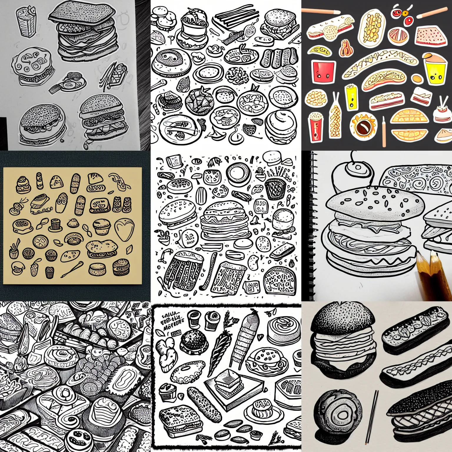 Prompt: doodle of food items. lineart, fineliner 0. 8 mm, professional doodle art