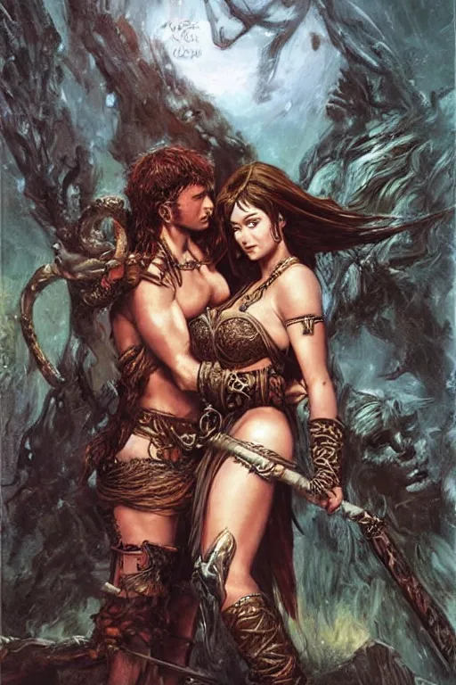 Prompt: Cover for an adult novel about the romance between a Barbarian and a Priestess, High Dark Fantasy, Love, Romance, alluring, by Frank Franzetta