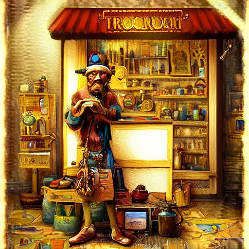 Image similar to Anthropomorphized parrot trader in his shop, selling his wares, portrait, items, gold, carpet, window, sly l, cunning expression, presenting wares, holding a gold bag, D&D, fantasy, cinematic lighting, highly detailed, digital painting, artstation, concept art, smooth, sharp focus, illustration, warm light, cozy warm tint, magic the gathering artwork, volumetric lighting, 8k, art by Akihiko Yoshida, Greg Rutkowski