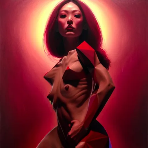 Prompt: fluid polygonal masses of burgundy oil paints building chaotic satin structure of hyper beautiful girl in other dimension, wayne barlow, bao pham, donato giancola, larry elmore, masterpiece, trending on artstation, featured on pixiv, cinematic composition, beautiful lighting, sharp, details, hyper - detailed, hdr, 4 k, 8 k