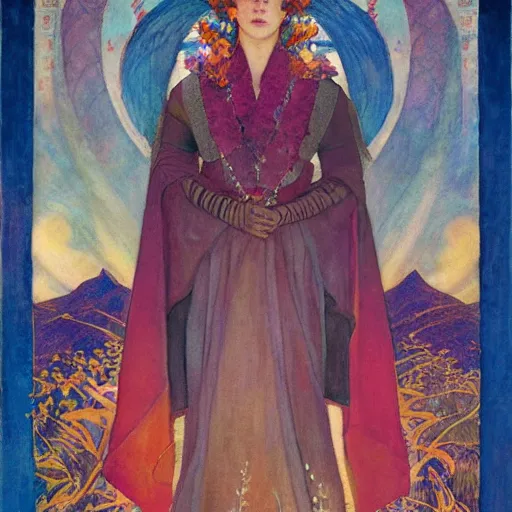 Prompt: queen of the dawn with her lantern and regalia, by Annie Swynnerton!! and Nicholas Roerich! and ((((((Tino Rodriguez and Diego Rivera)))))), embroidered robes, floral tattoos, bioluminescent skin!, elaborate costume, geometric ornament, symbolist, soft colors, dramatic lighting, smooth, sharp focus, extremely detailed