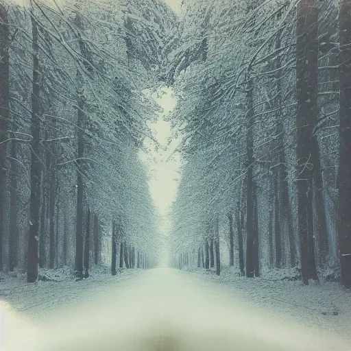 Image similar to atmospheric polaroid photograph of snowy forest growing on a city street