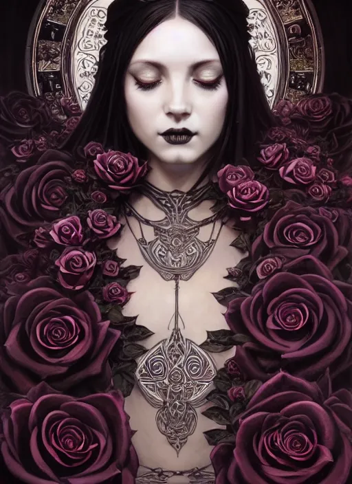 Image similar to perfectly detailed goth goddess of black rose flowers!! blessed by nature with ever - increasing physical mental perfection, symmetrical! intricate, sensual features, highly detailed, biblical divine holy perfection!! digital painting, artstation, concept art, smooth, sharp focus, illustration, art by artgerm and greg rutkowski and alphonse mucha