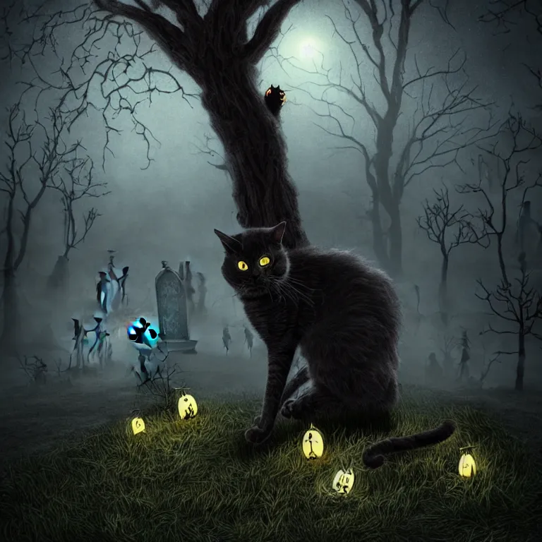 Prompt: spooky cat by a large tree in the middle of a gothic graveyard, warm, glowing lights, tim burton style, trending on artstation, 8 k,