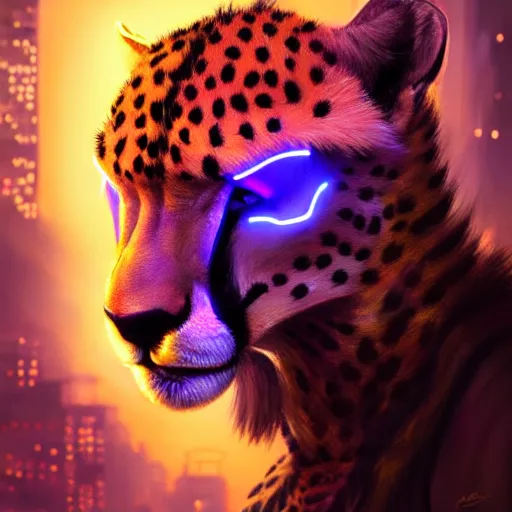 Image similar to a beautiful commission portrait of a male anthro cheetah wearing a neon glowing jacket,futuristic,detailed face,mohawk,cyberpunk city,deviantart,artstation,art by greg rutkowski,ross tran,professional lighting,neon city,night,raytracing,highly realistic,4k,dramatic,hyperrealism