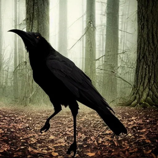 Image similar to !!!!!! werecreature consisting of a crow and a human, photograph captured in a dark forest