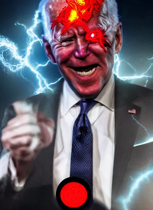 Prompt: hyper realistic ultra realistic chaos magic photo furious glowing red eyes biden, high quality photo, detailed , 8k