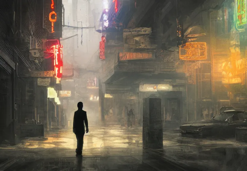 Image similar to painting of the figure of a man in a haunting scenery during the 1 9 8 0's, city, video club, arcade store, high contrast, concept art, fully colored, dramatic lighting, digital art, 8 k, extremely detailed, drawn by ruan jia