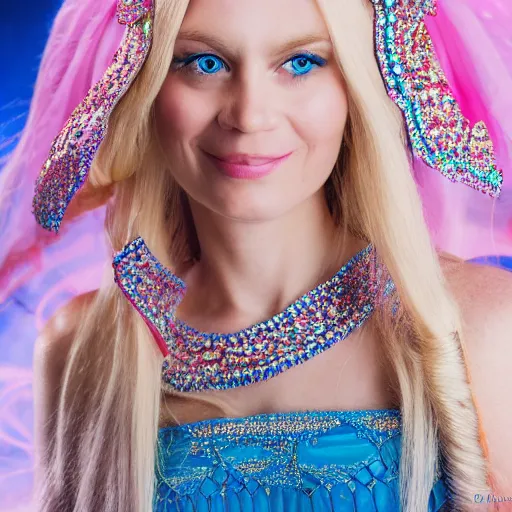 Image similar to close up headshot of a princess with long blonde hair and blue eyes wearing a strapless elaborately beaded pink dress, high resolution film still, 8k, HDR color, film by Simon Langton and David Frankel, diamond shaped face