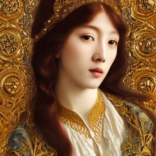 Image similar to An extremely beautiful pre-raphaelite ornate portrait of a very beautiful asian himbo, surreal, ultradetailed, intricate, elegant, digital art painting, concept art, smooth, sharp focus, magazine art cover illustration, regal, award winning picture, extremely detailed masterpiece, sense of awe, featured on Artstation, Artgerm, winning award piece, ethereal bubbles, Aetherpunk, low-key neon lightning, stormy weather, Exquisite floral details, 8K detail post-processing, matte, oil painting