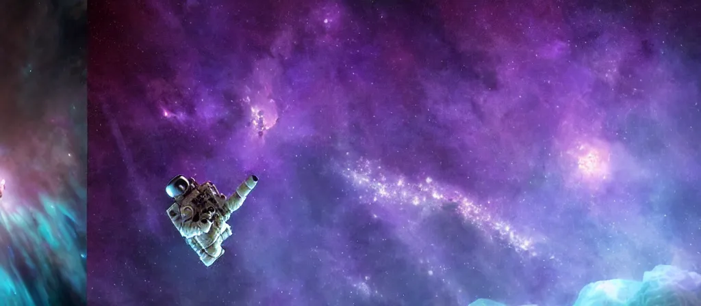 Image similar to extreme close up, astronaut on purple [ [ [ crystal ] ] ] caves, amethyst, beautiful dynamic lighting, nebula sky, cinematic, wide angle establishing shot, extremely high detail, photo realistic, cinematic lighting, matte painting, interstellar, greg rutkowski, roger deakins