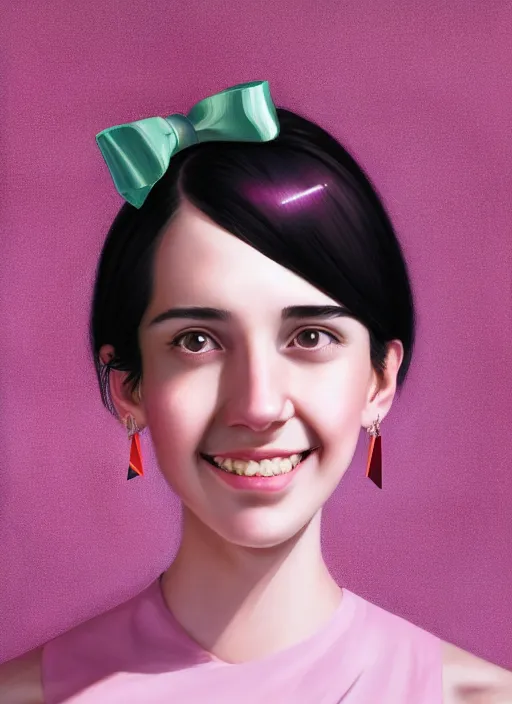 Image similar to portrait of high school girl, realistic, black hair, bangs, half updo hairstyle, pointy nose, skinny, smile, ugly, defined jawline, big chin, pink hair bow, earrings, intricate, elegant, glowing lights, highly detailed, digital painting, artstation, sharp focus, illustration, art by wlop, mars ravelo and greg rutkowski