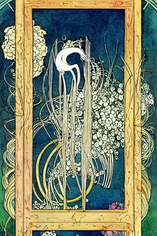 Image similar to a wooden barrel in the center of a floral frame, art by kay nielsen and walter crane, illustration style, watercolor